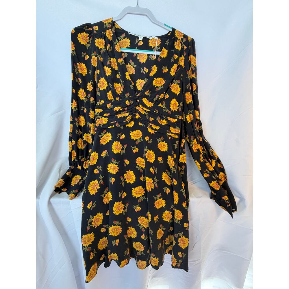 Veronica Beard 100%‎ Silk Blck Floral Ruched Twist Front Long Sl Dress Sz 2